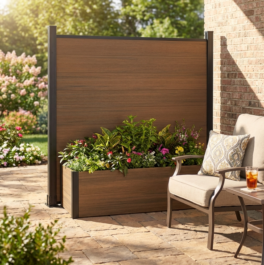 Decorative raised planter with trellis outdoors