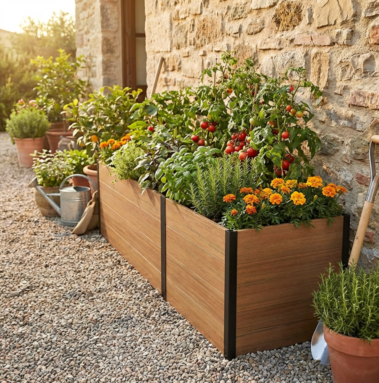 Raised garden bed system with rectangular and square planters