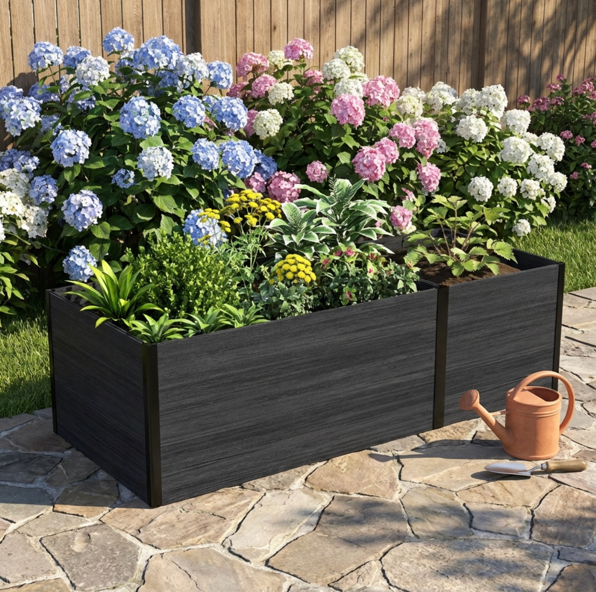 Durable raised garden bed with composite wood and metal frame