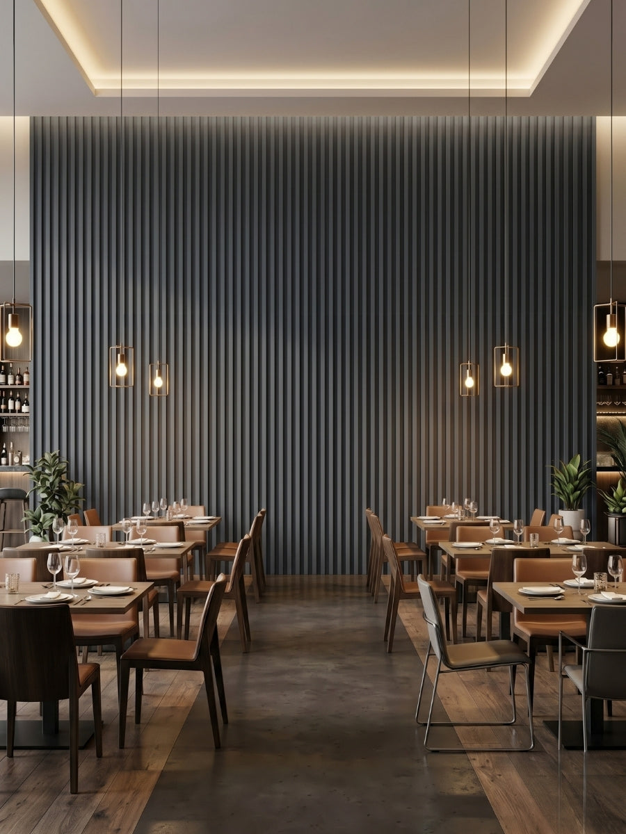 Contemporary Restaurant Accent Wall with Silver Gray Panels