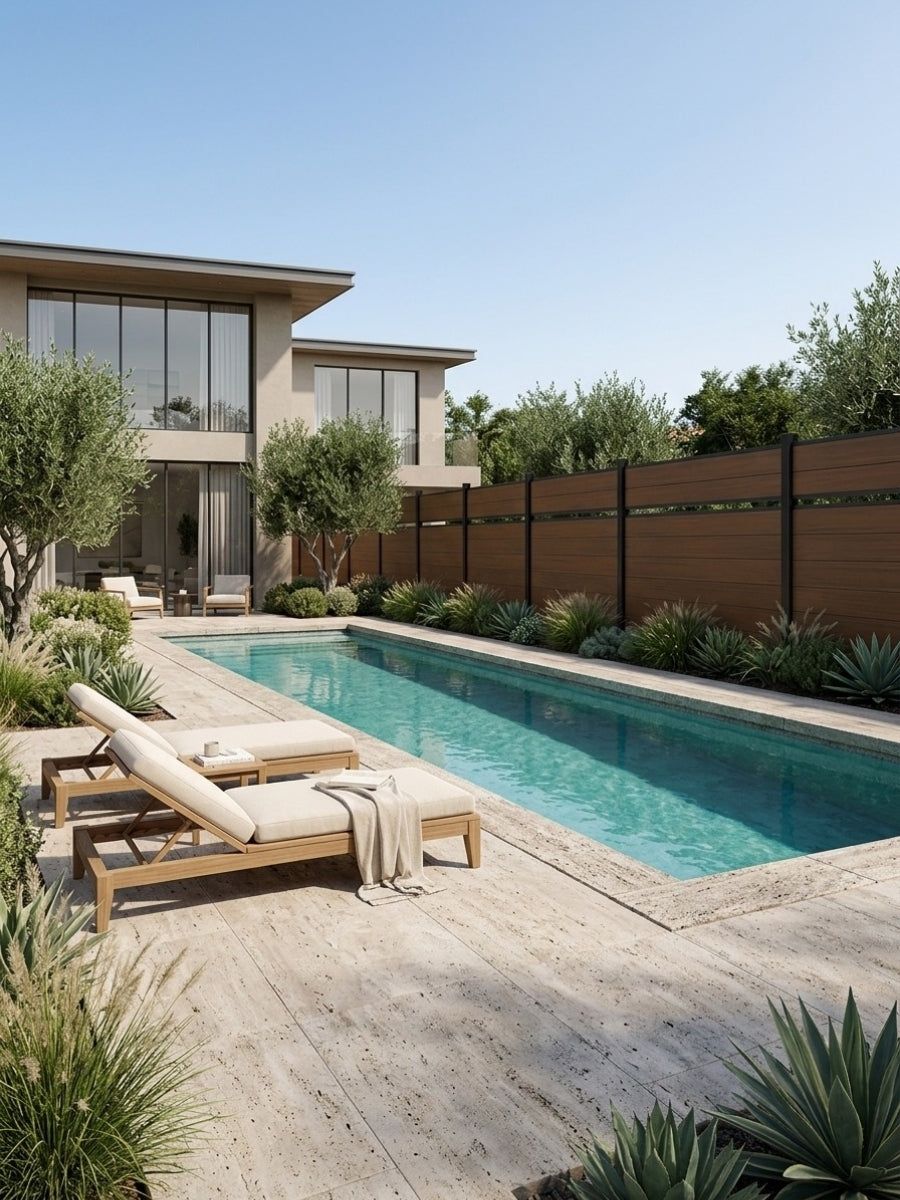 Walnut single-divider composite fence lining a modern backyard swimming pool