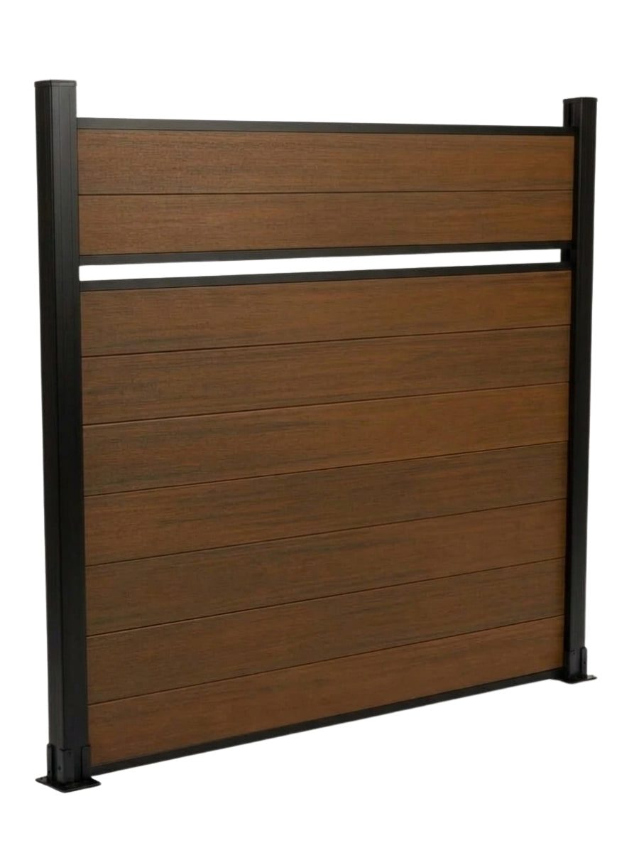 Angled view of walnut single-divider composite fence panel with horizontal boards and black frame