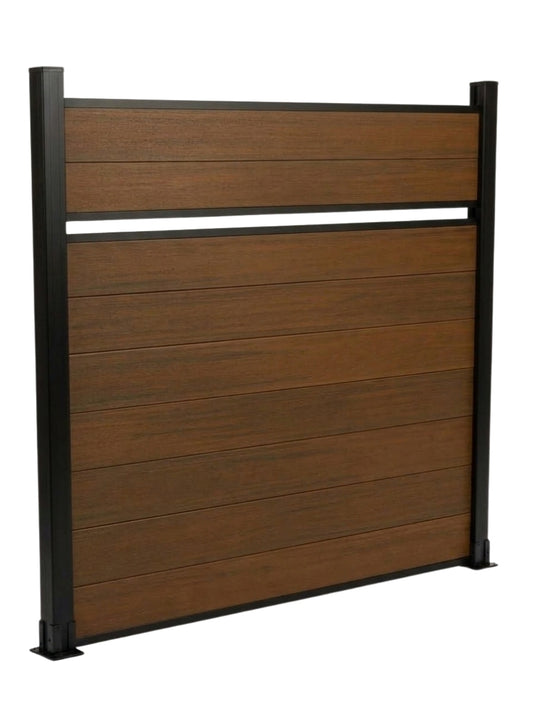 Angled view of walnut single-divider composite fence panel with horizontal boards and black frame