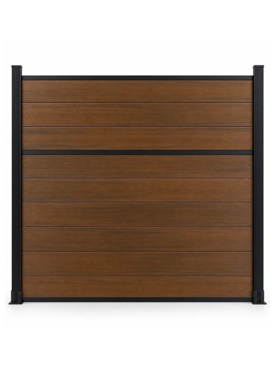 Front view of walnut center trim composite fence panel with horizontal boards and black frame