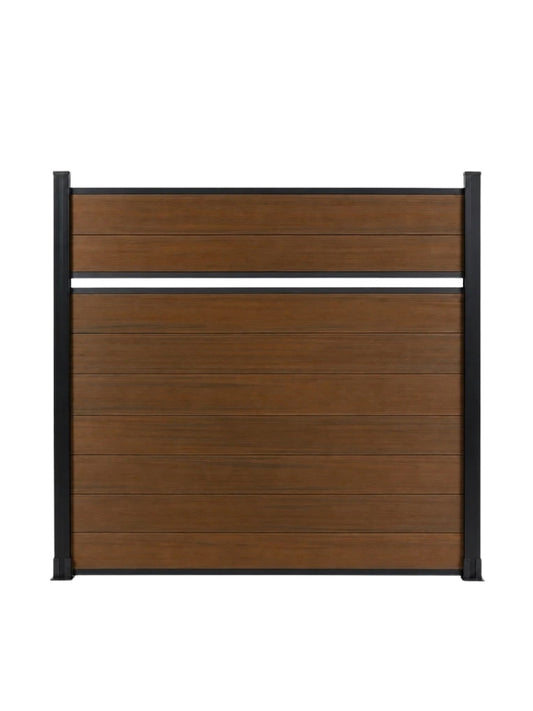 Front view of walnut composite fence panel with a single horizontal divider and black posts