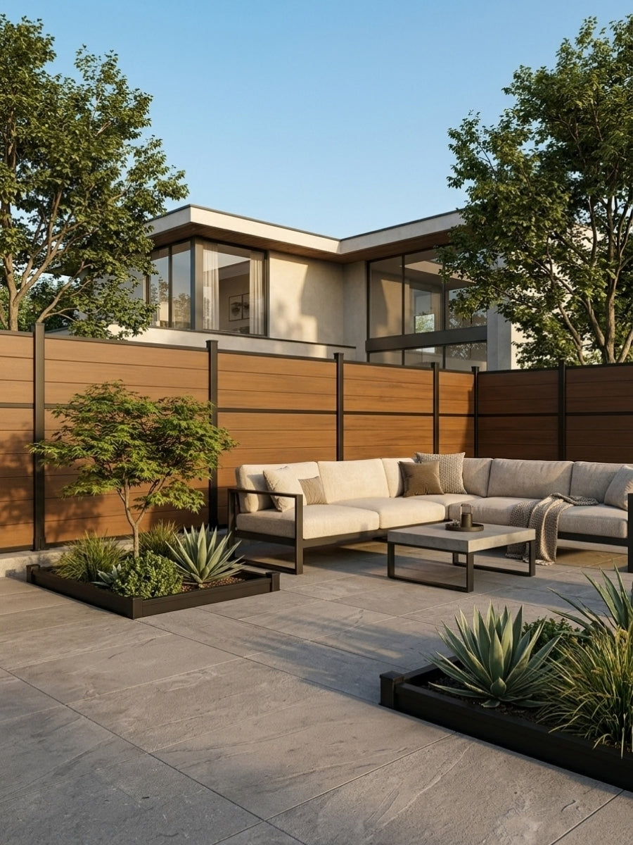 Walnut center trim composite fencing installed around a modern patio lounge