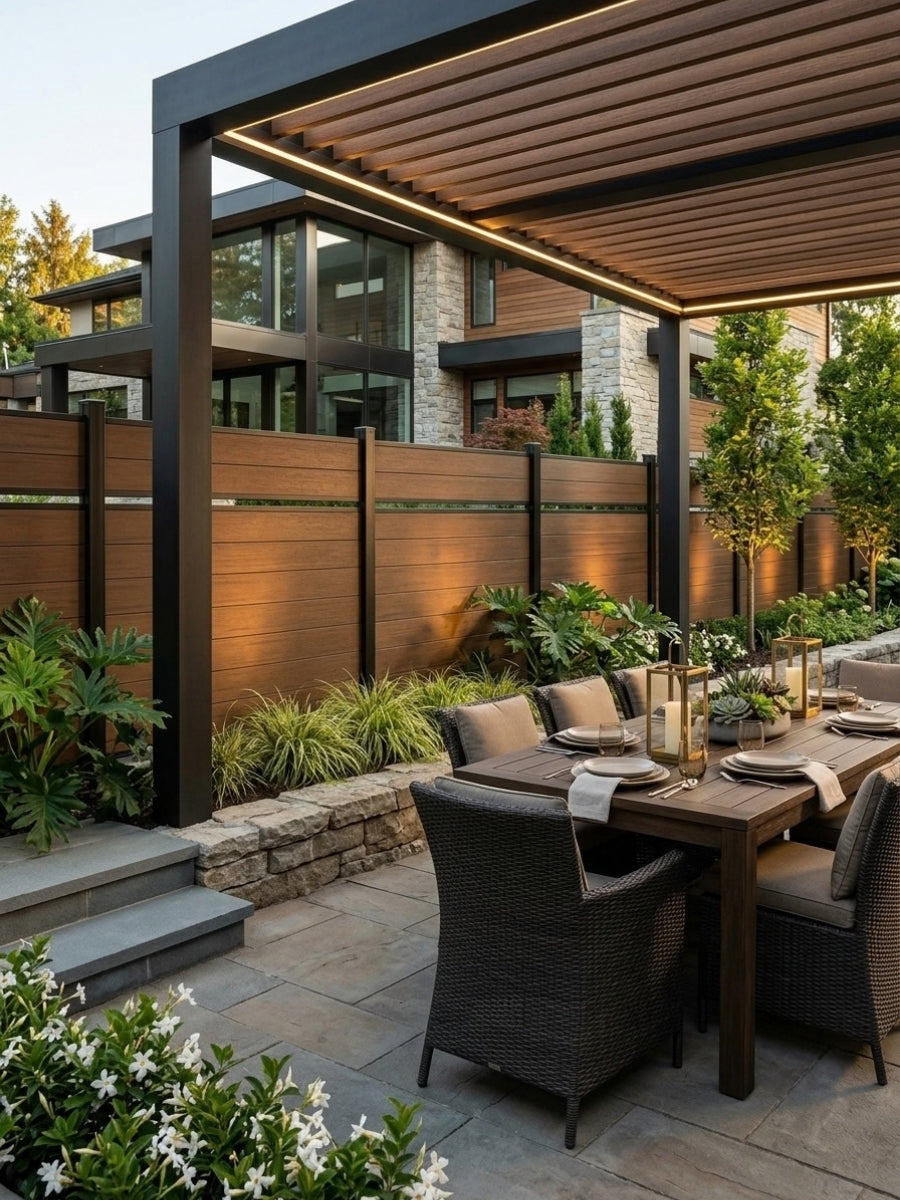 Walnut single-divider composite fence installed around a landscaped pergola dining patio