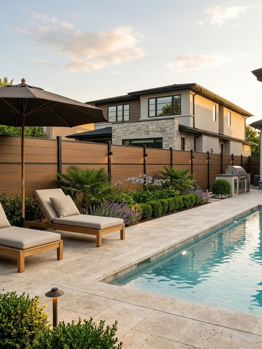 Walnut composite fence enclosing a landscaped backyard pool and lounge area