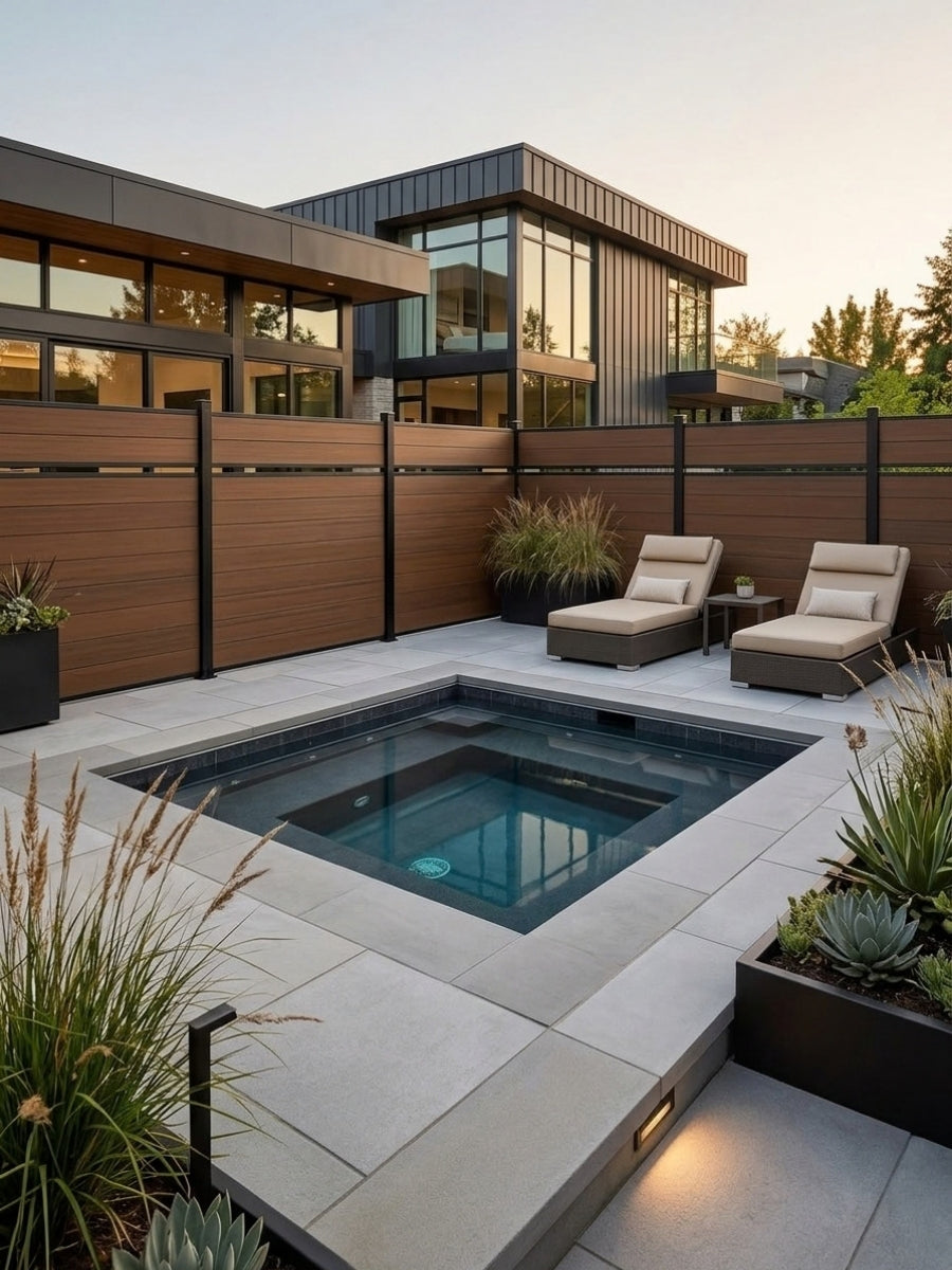 Walnut composite fence enclosing a modern patio with plunge pool and lounge chairs
