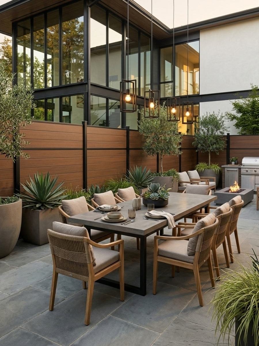 Walnut center trim composite fencing surrounding a modern outdoor dining patio