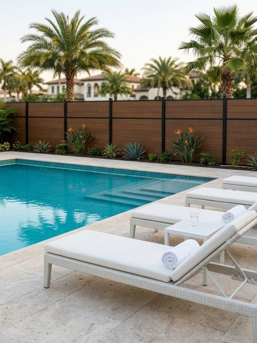 Walnut composite fence installed beside a swimming pool with palm trees and loungers
