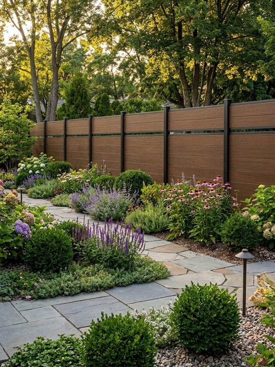 Walnut composite fence installed along a lush flowering garden and stone path