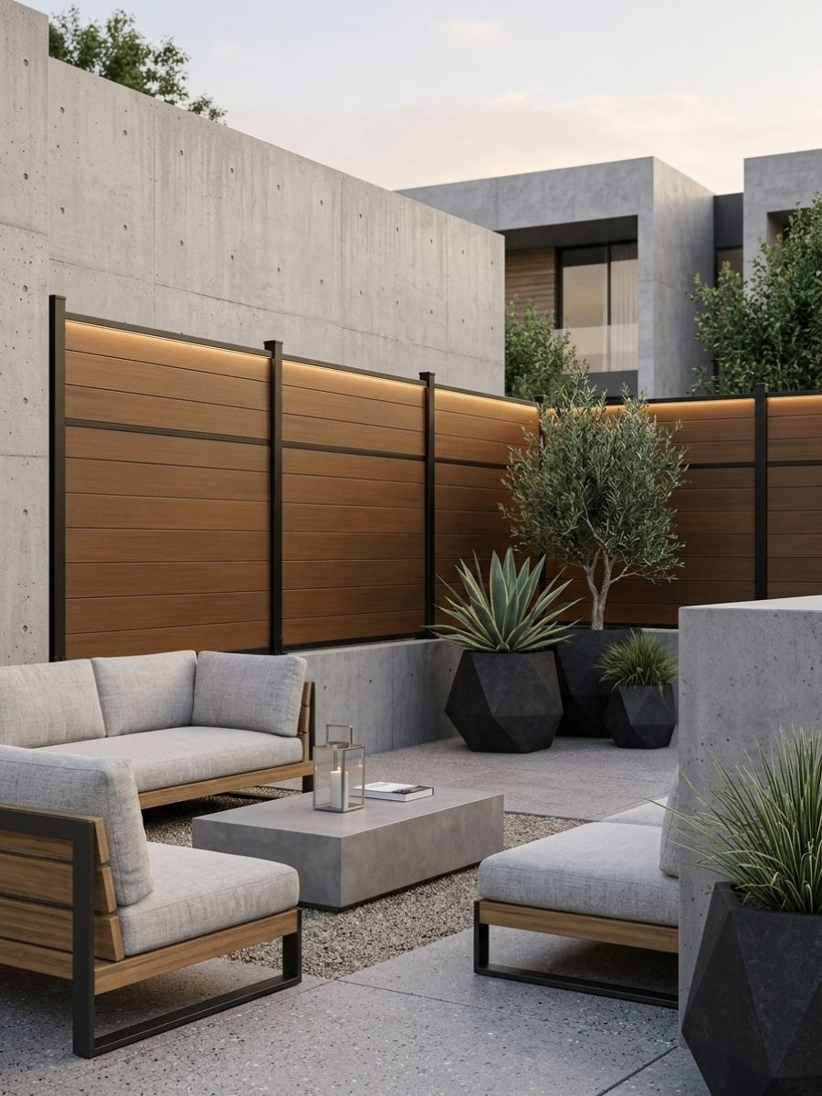 Walnut center trim composite fence with integrated lighting around a modern courtyard