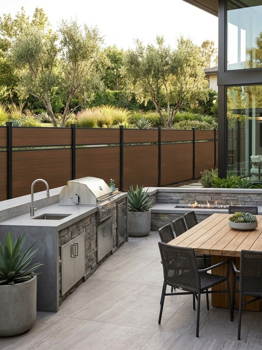 Walnut single-divider composite fence enclosing an outdoor kitchen and dining patio