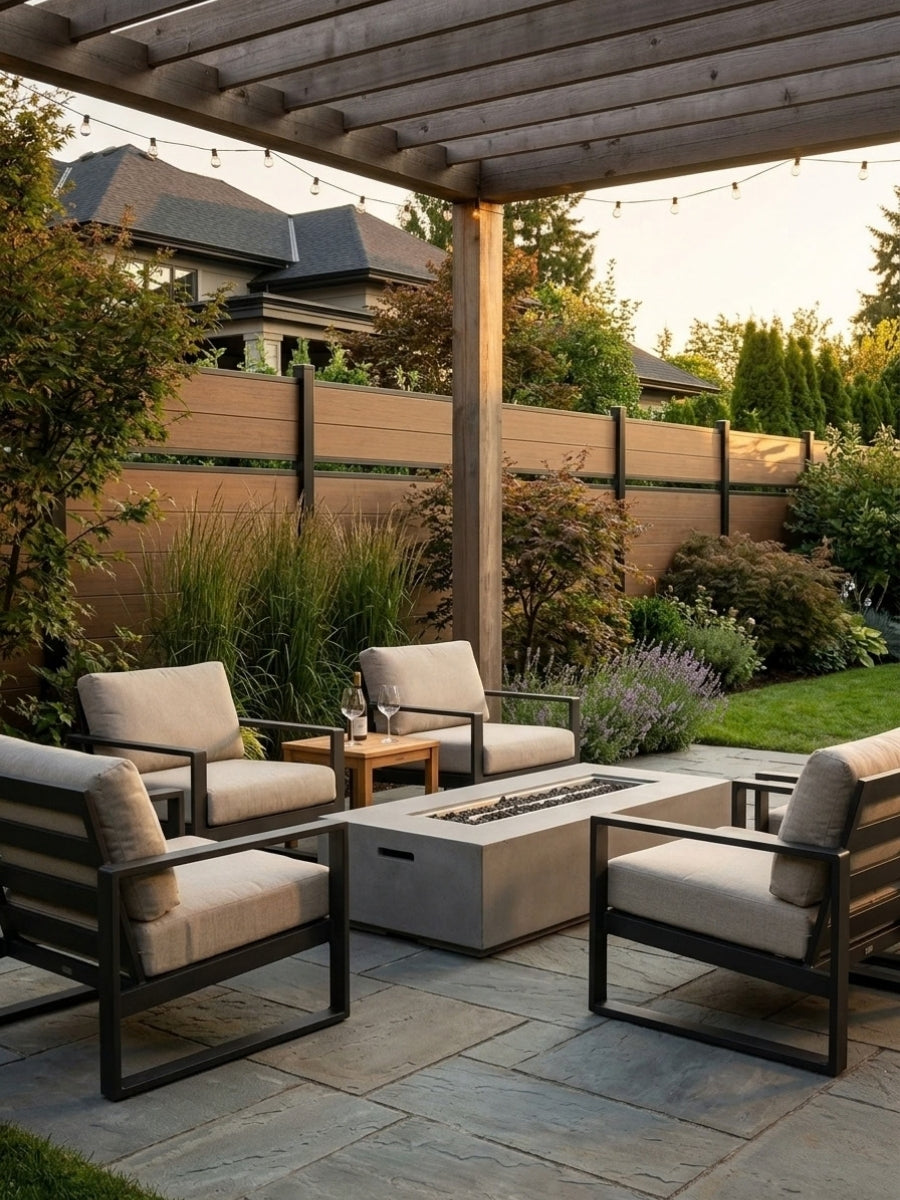 Walnut composite fence behind a covered garden patio with cushioned seating and fire table