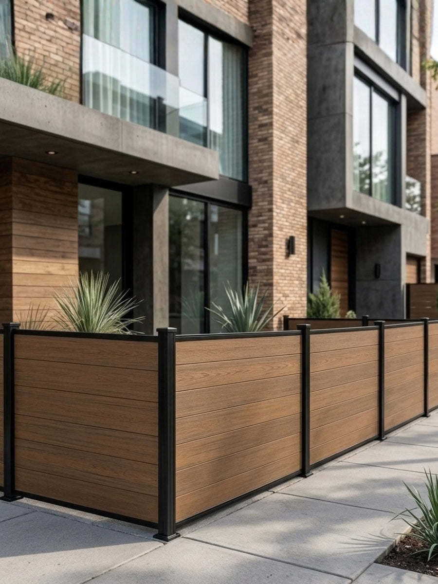 Walnut composite privacy fence panels forming a corner enclosure outside a modern residence
