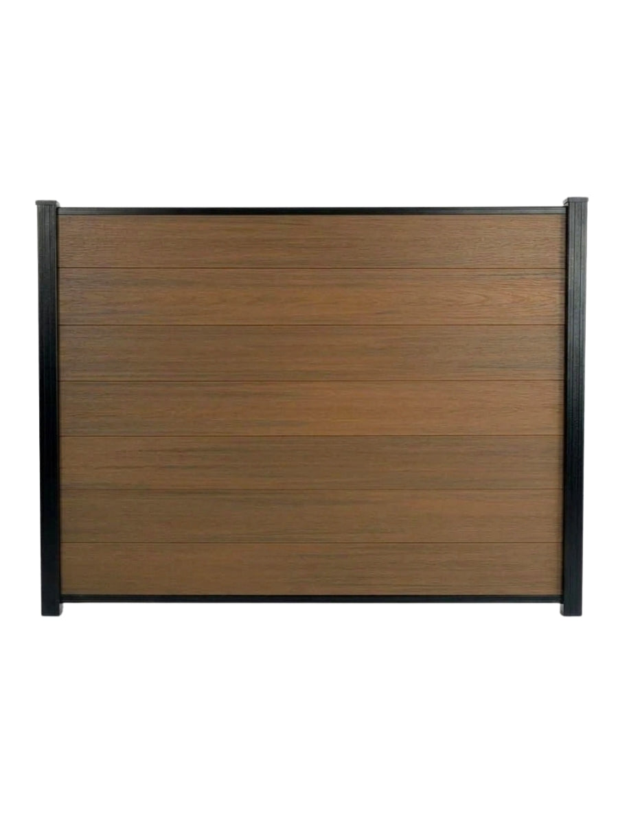 Front view of the 4 ft by 6 ft walnut composite privacy fence panel with black frame