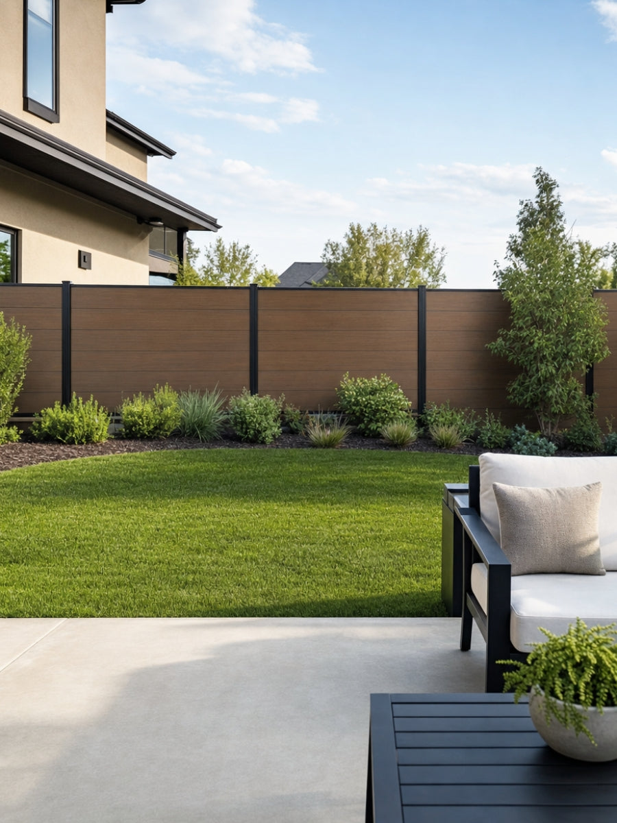 Walnut composite privacy fence panels installed around a landscaped backyard lawn and patio