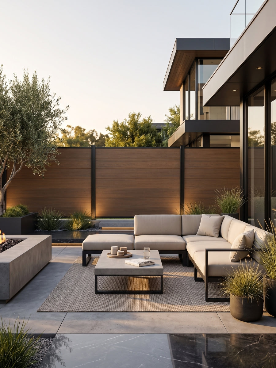 Walnut composite privacy fence installed behind a modern outdoor lounge and fire pit