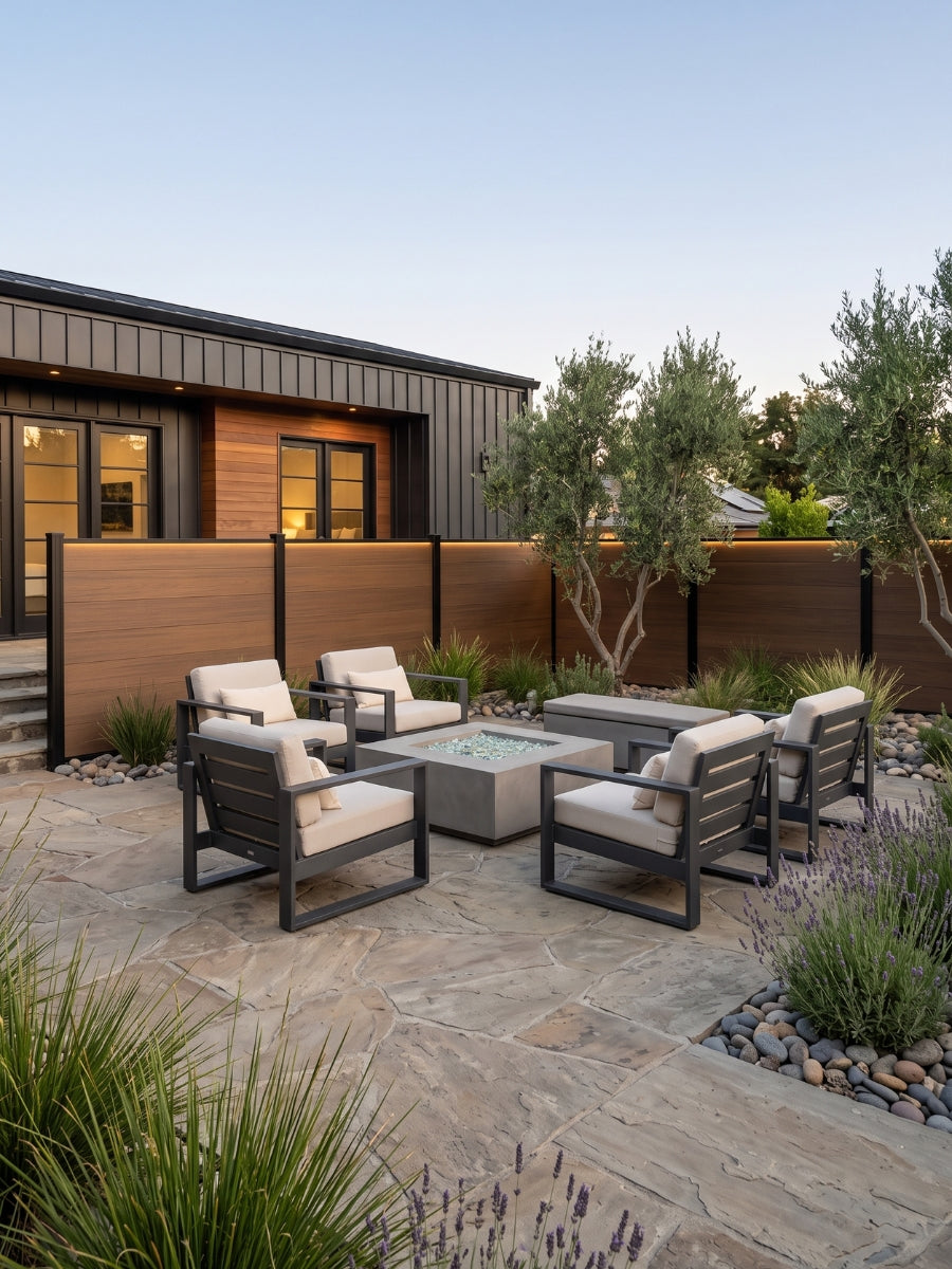 Walnut composite privacy fence panels enclosing a stone patio with chairs and a fire table
