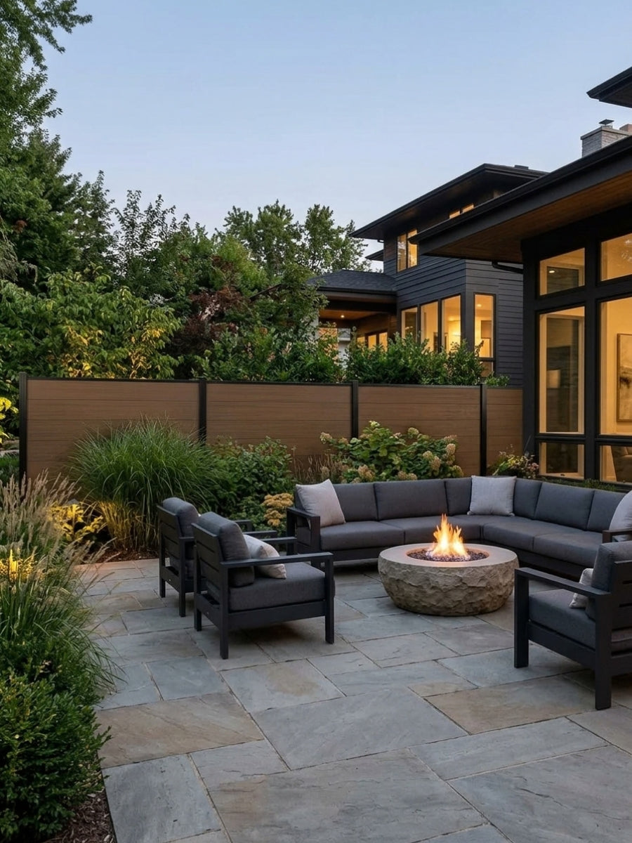 Walnut composite privacy fence installed beside a landscaped patio with sectional seating and fire pit