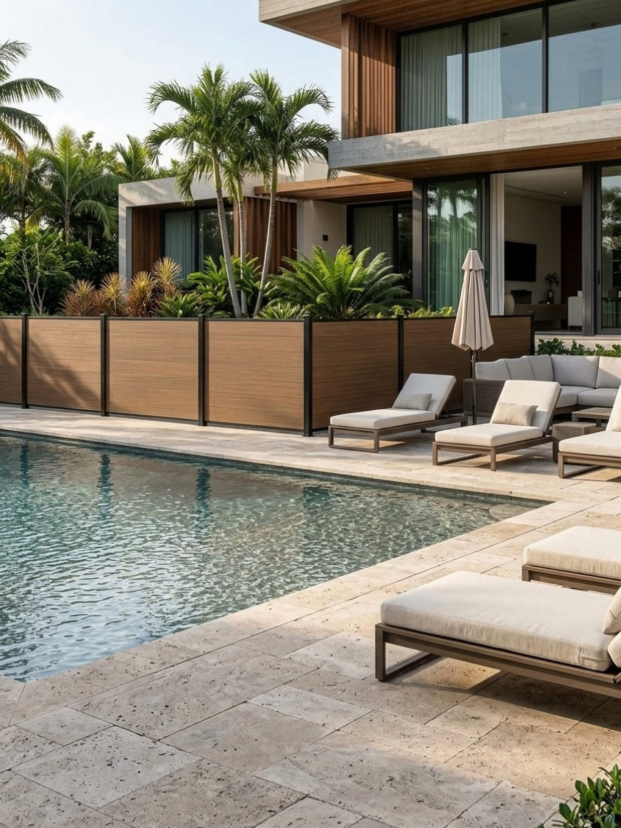 Walnut composite privacy fence panels enclosing a modern pool deck with lounge chairs