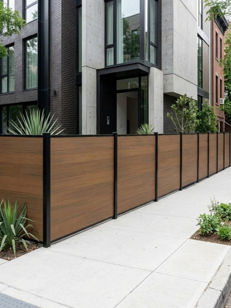 Long row of walnut composite privacy fence panels bordering a modern home and sidewalk