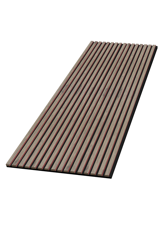 White acoustic wood slat wall panel with long veneered slats on black sound-absorbing backing