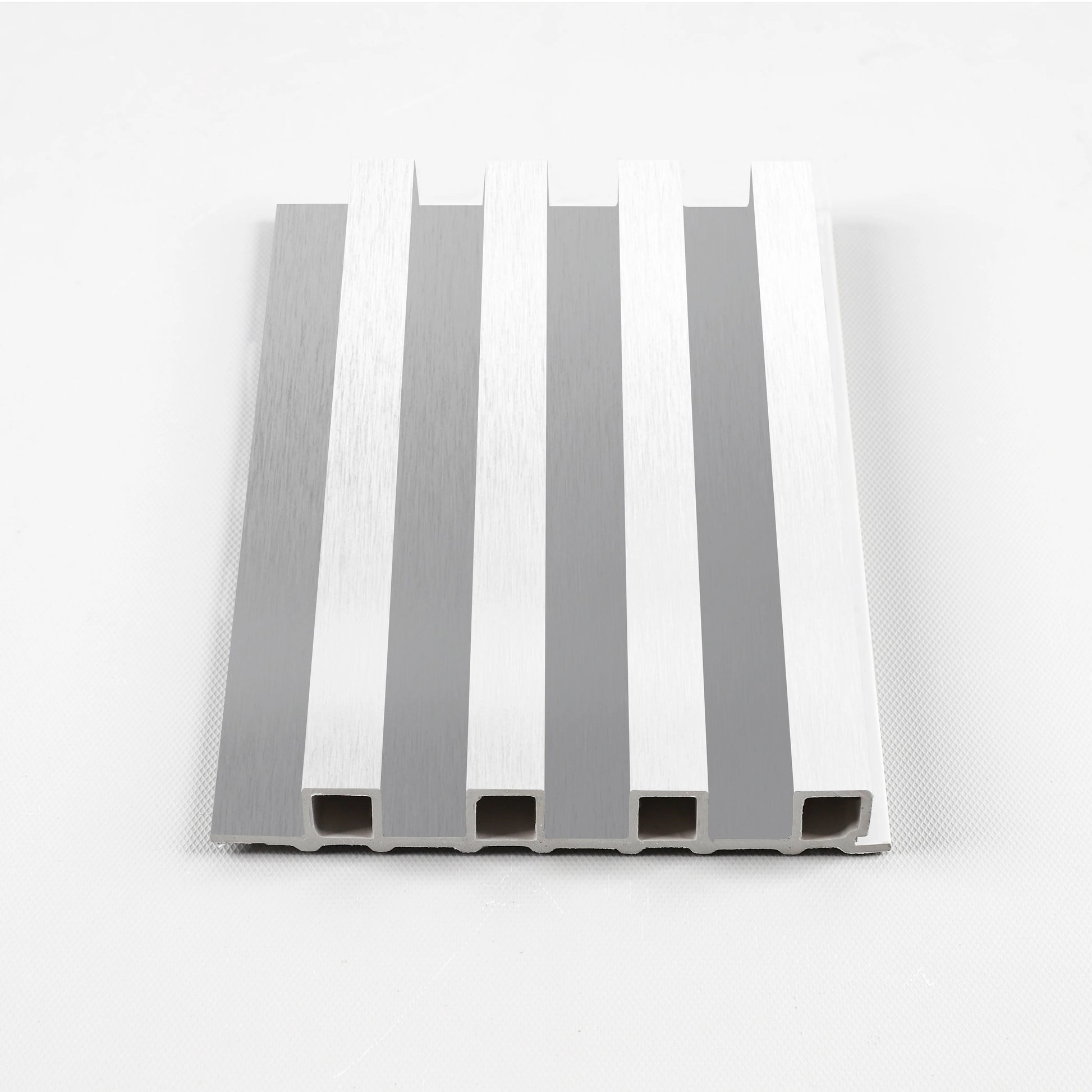 White Brushed Modern WPC fluted wall panel sample with vertical grooves