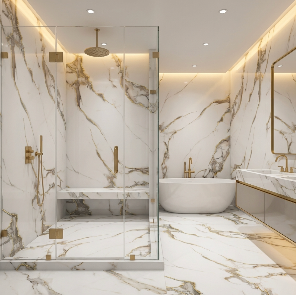Wholesale Calacatta Oro Gold Marble UV Protected PVC Wall Panel. Bathroom and Shower design