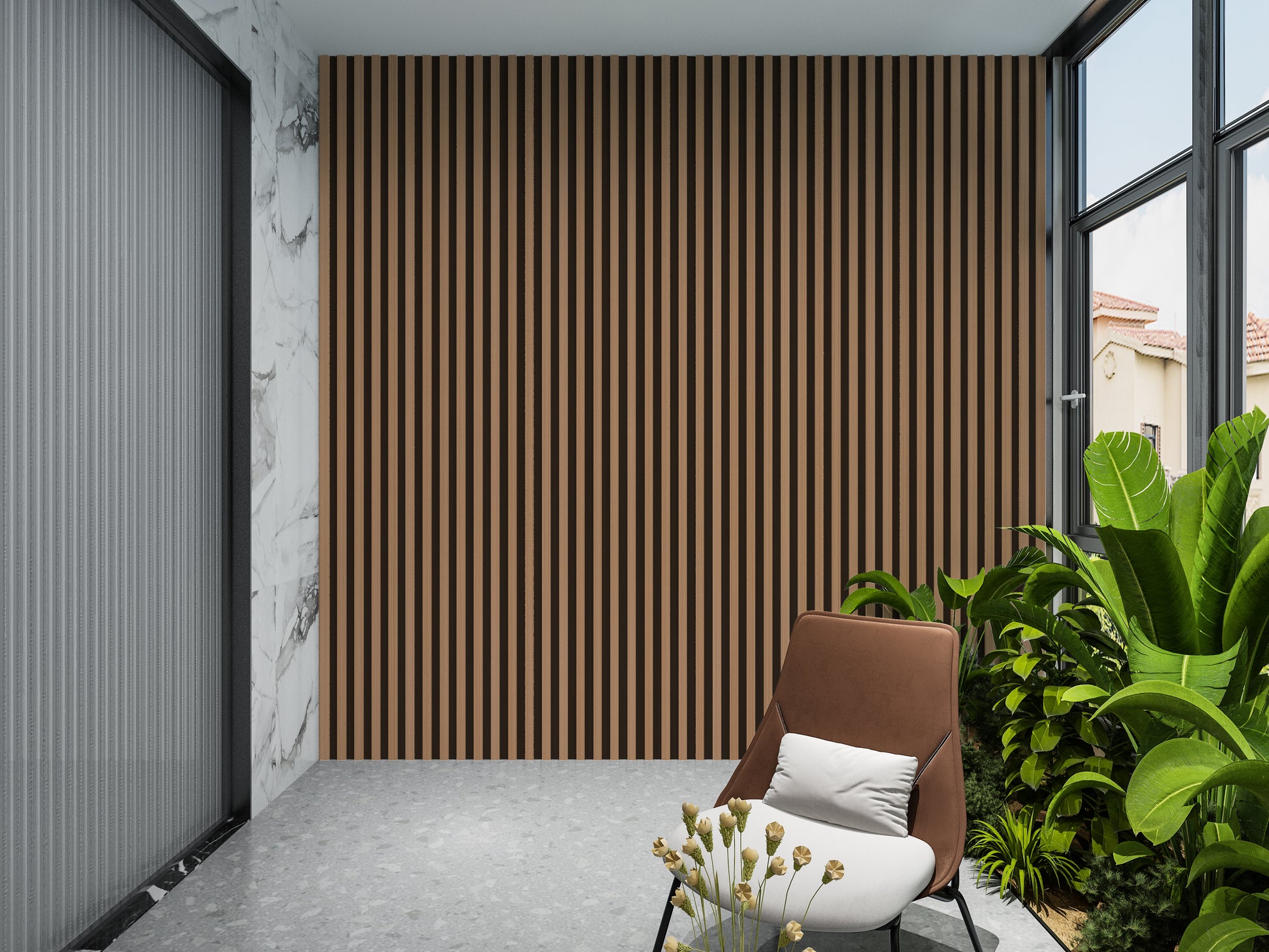 Maple Slate Black WPC Fluted 3D Wall Panels. NewGen Depot. Balcony Design With WPC Fluted Wall Panels