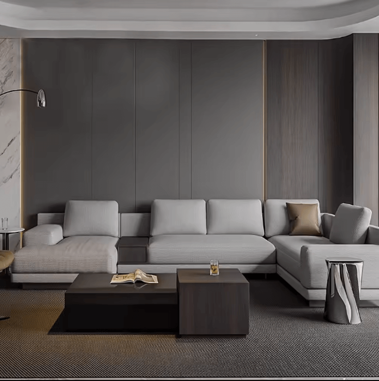 Elmwood Bamboo Charcoal Veneer Panel in sleek gray, fireproof & waterproof, perfect for modern NJ living rooms with white