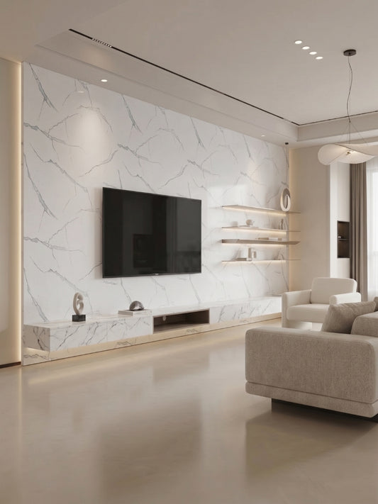 Modern living room media wall finished with White Gray Pearl Marble PVC panels behind a mounted TV and shelves.