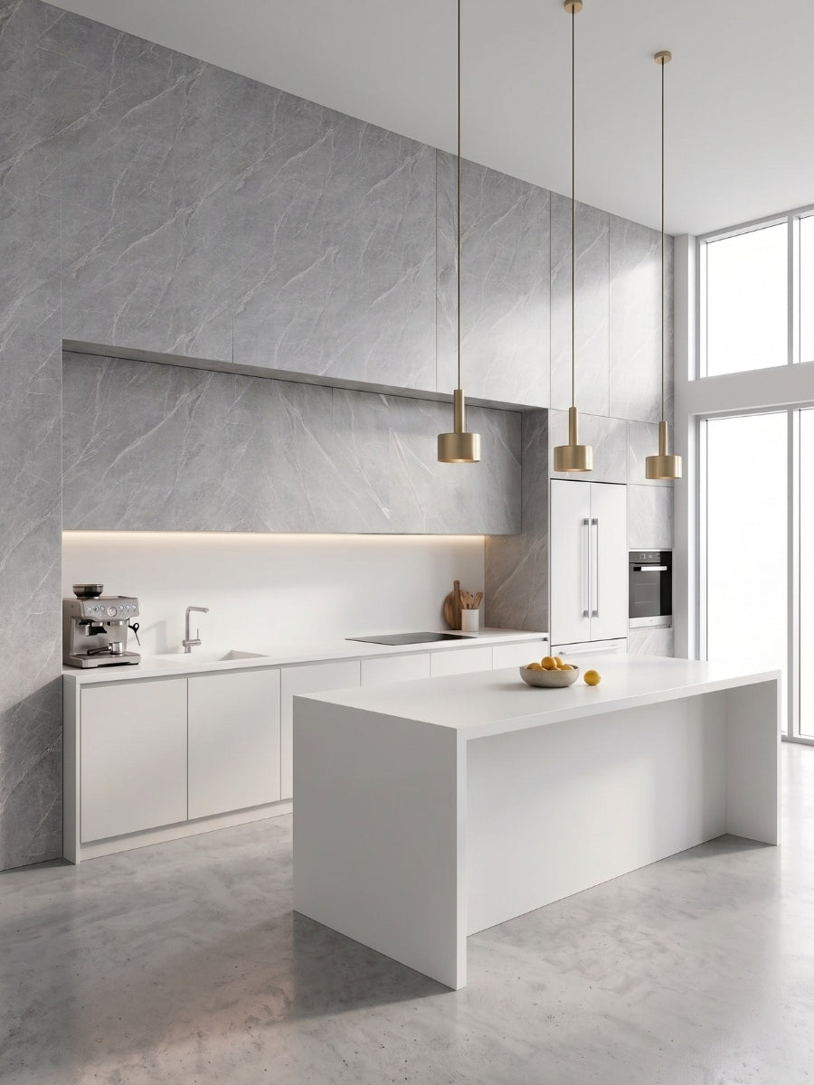Ash gray marble-look PVC wall panels covering an accent wall in a modern white kitchen with an island.