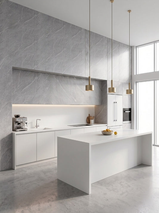 Ash gray marble-look PVC wall panels covering an accent wall in a modern white kitchen with an island.