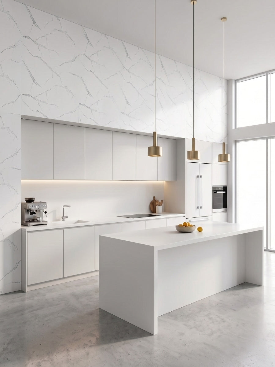 Bright modern kitchen featuring White Gray Pearl Marble PVC wall panels above sleek white cabinets and an island.