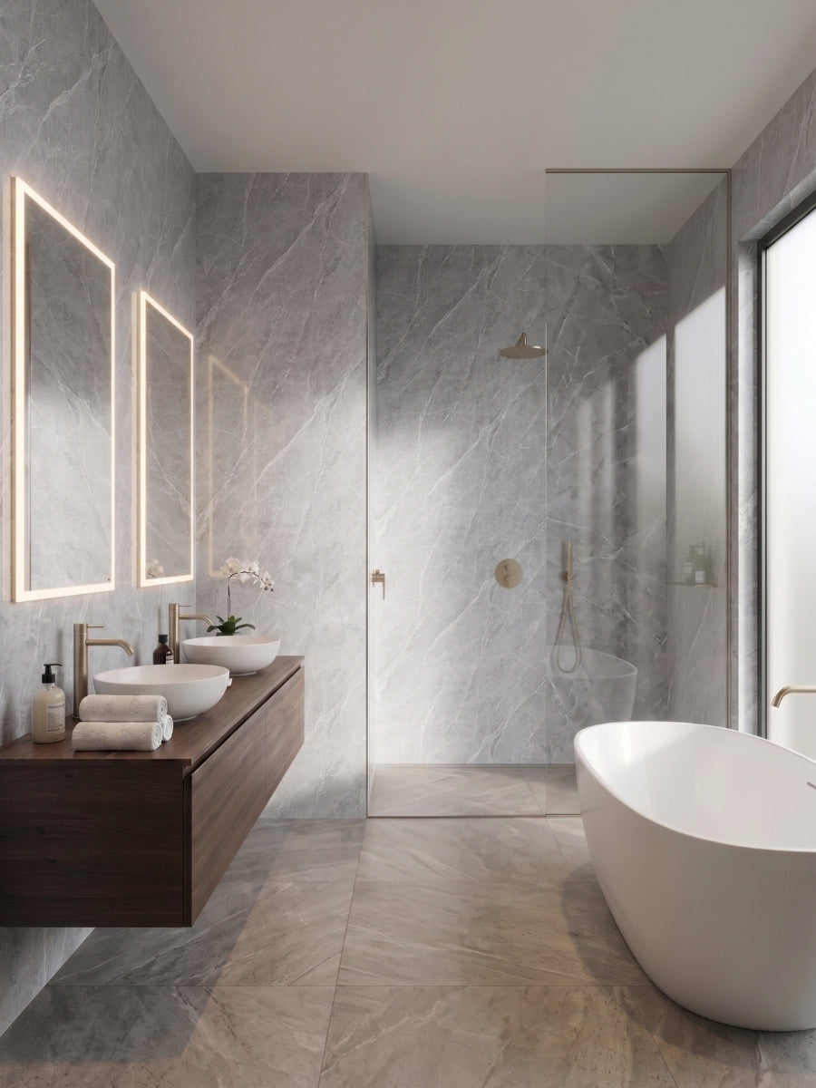 Modern bathroom with ash gray marble-look PVC wall panels around the vanity and walk-in shower.