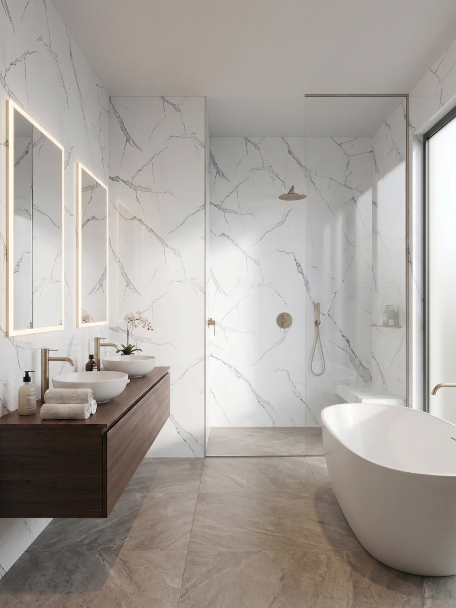 Contemporary bathroom with White Gray Pearl Marble PVC panels surrounding a walk-in shower, vanity, and freestanding tub.