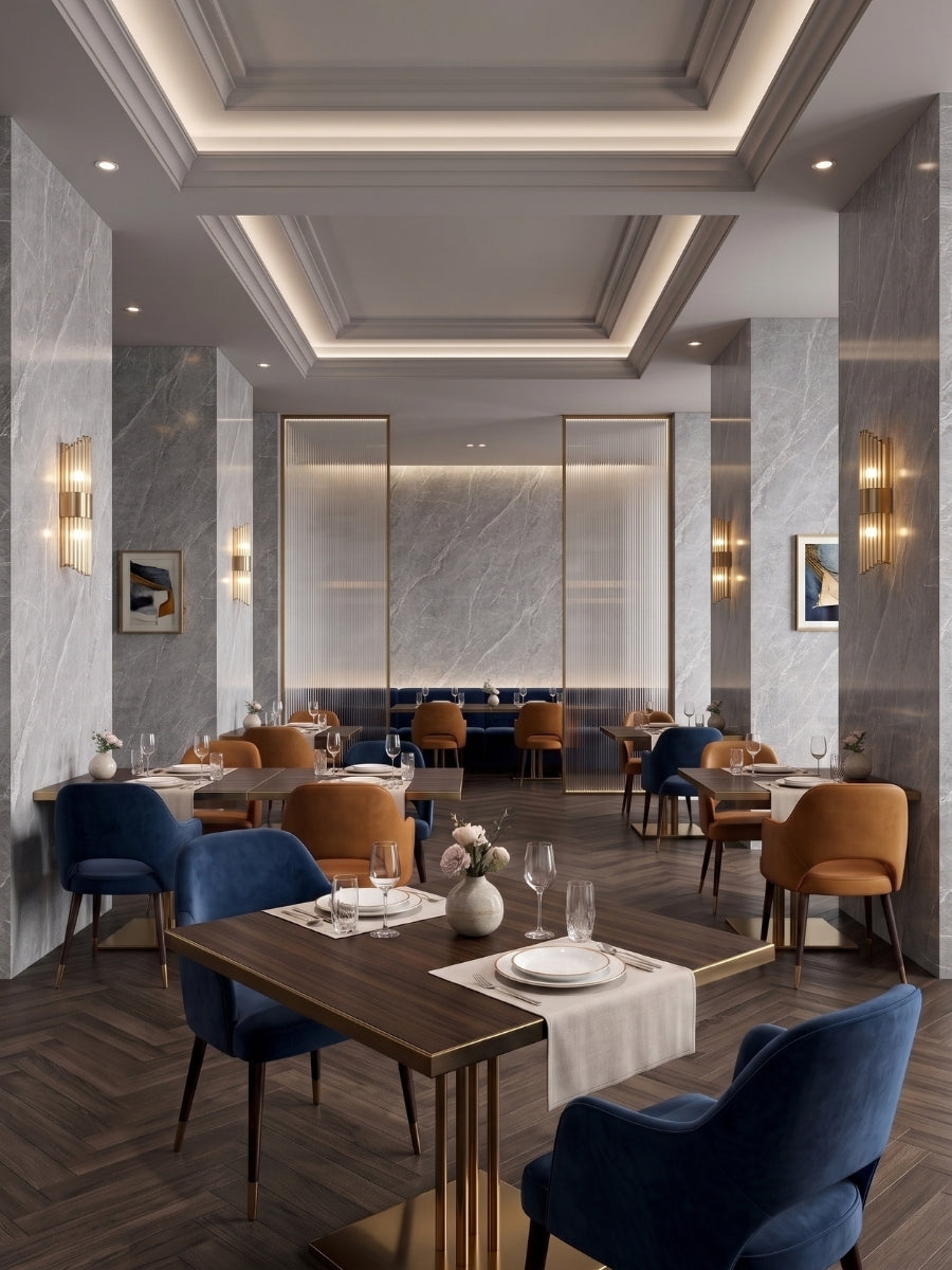 Elegant restaurant interior with ash gray marble-look PVC wall panels, blue and tan chairs, and set dining tables.