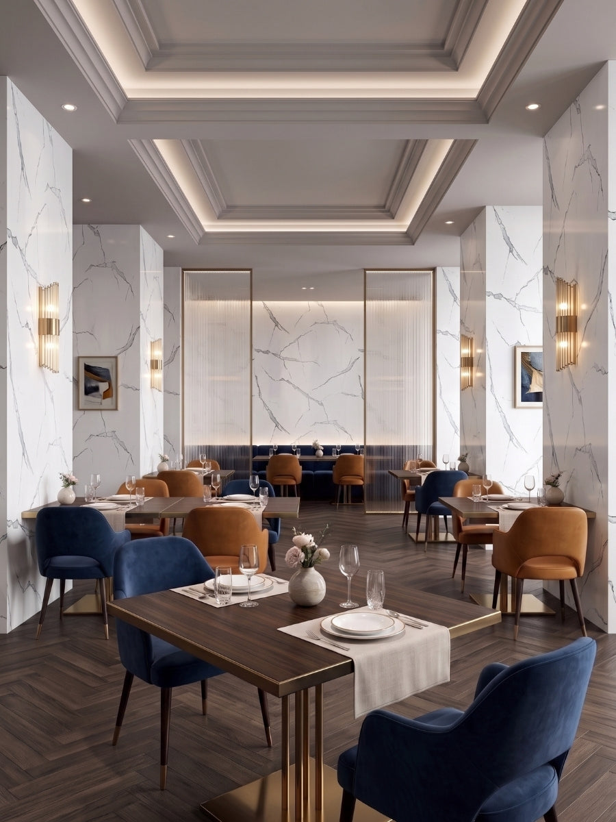 Elegant restaurant interior with White Gray Pearl Marble PVC panels covering columns and a large central accent wall.