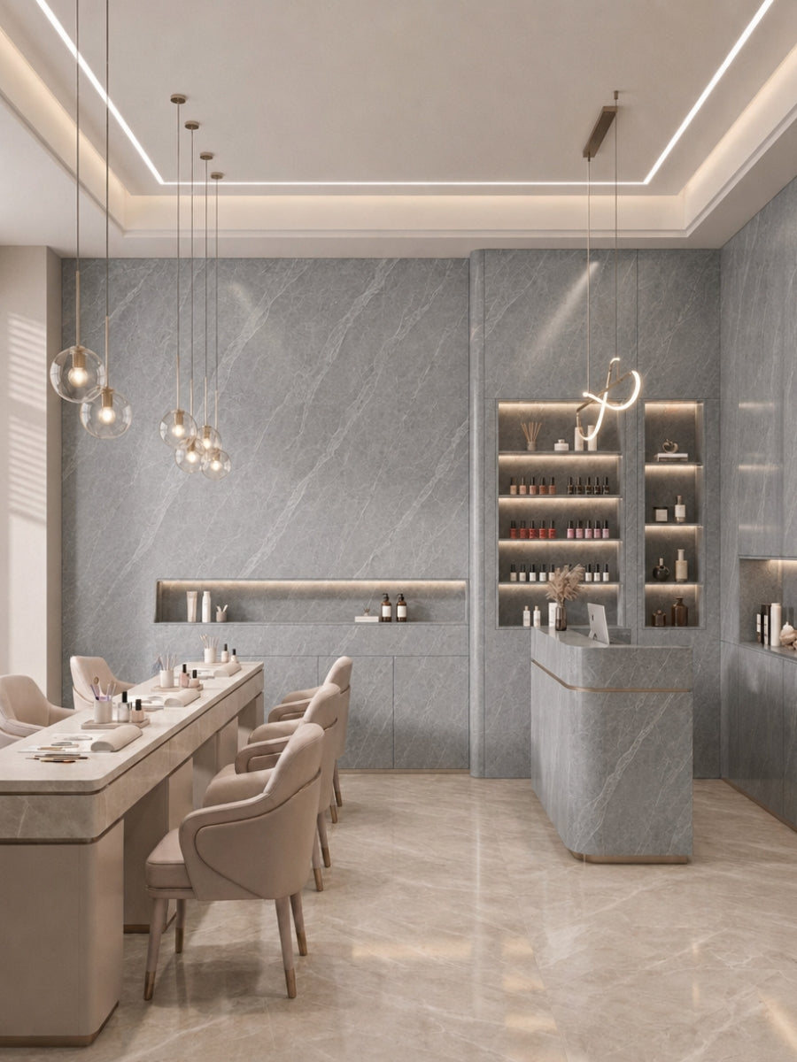 Contemporary salon with ash gray marble-look PVC wall panels, manicure stations, pendant lights, and display shelving.