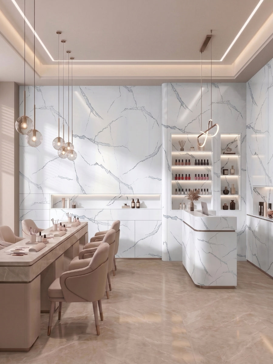 Upscale dining and bar area clad in White Gray Pearl Marble PVC wall panels with soft integrated lighting.
