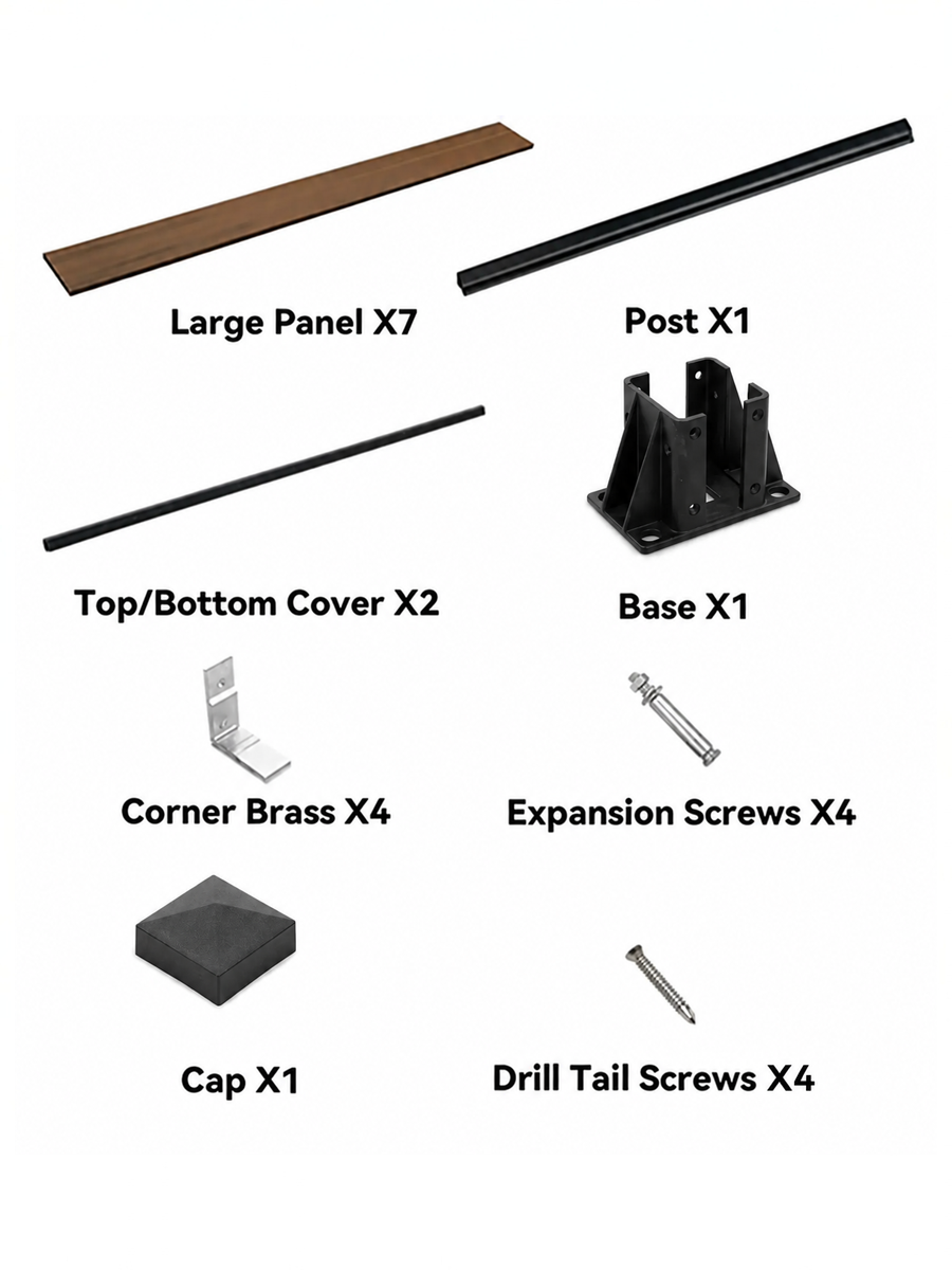 Parts included with the 4 ft. x 6 ft. composite privacy fence panel: seven brown slats, black post, two covers, base, cap, four corner braces, expansion screws and drill-tail screws.