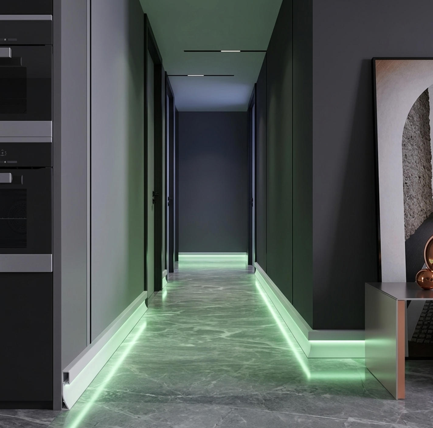 Modern hallway with green LED baseboards  lighting on the floor