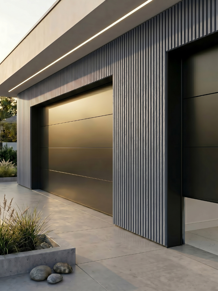Light gray composite siding panels with wood grain texture