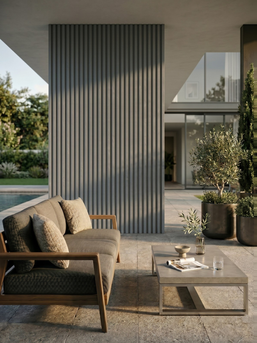 Exterior light gray composite wall boards for contemporary homes