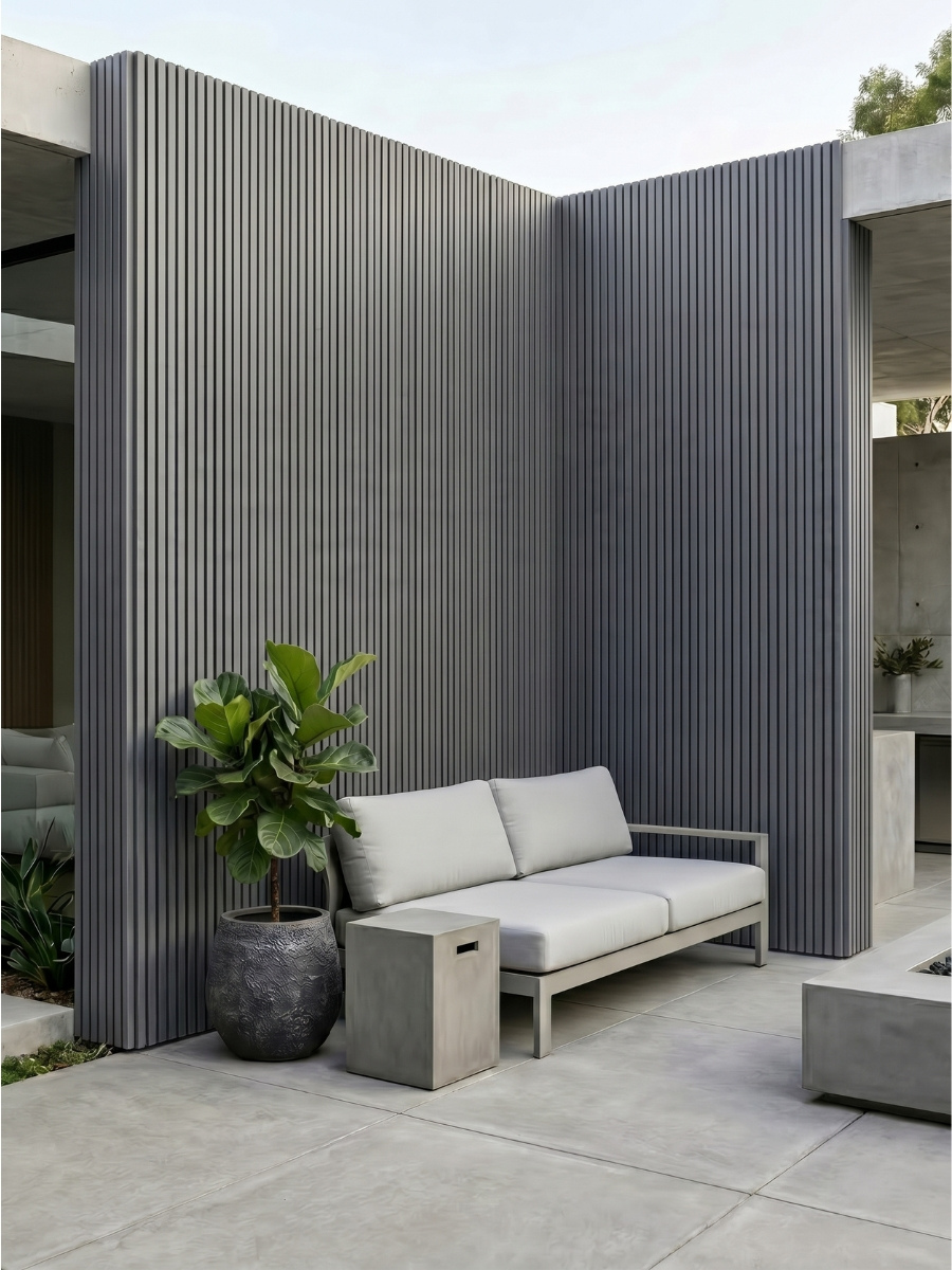 Weather resistant light gray exterior composite siding boards