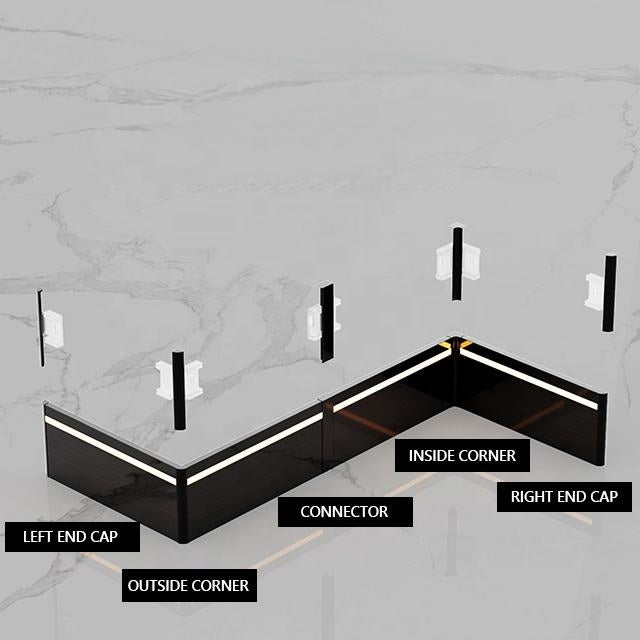 Aluminum LED skirting baseboard channel system, 3.3ft, 4-inch height, surface-mounted black trim with LED and end caps