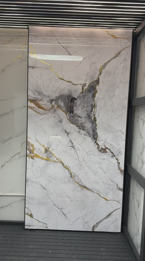 White Deep Gray marble PVC wall panel installed on modern interior wall, UV protected fireproof waterproof 4x8 ft