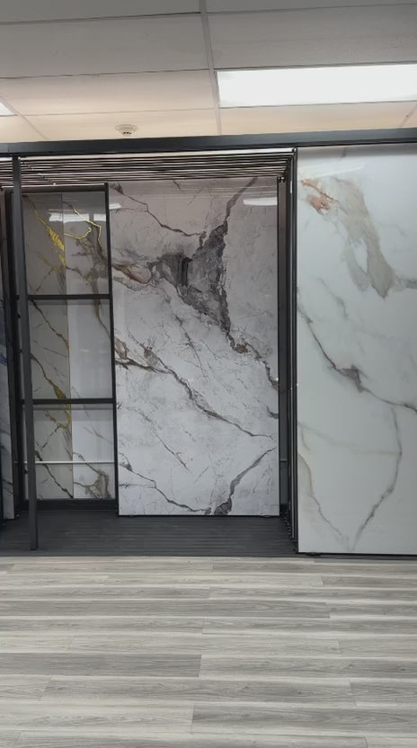 Blue-Brown veined marble PVC wall panel installed on luxury interior wall, UV protected waterproof 4x8 ft